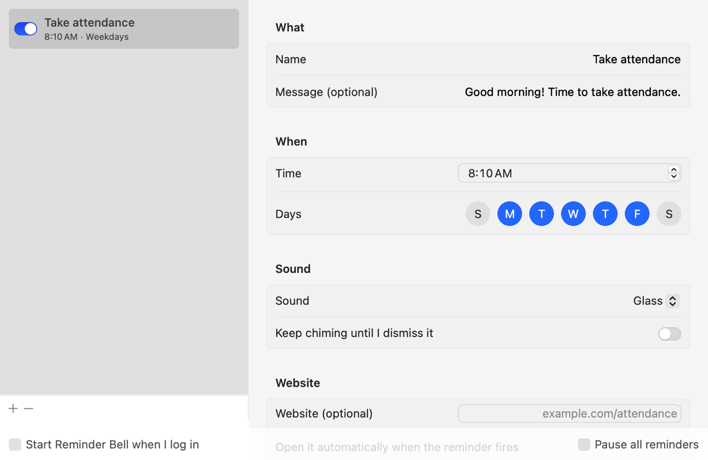The Reminder Bell window: a list of reminders on the left, and on the right the name, message, time, day-of-week buttons, sound, and website for the selected one